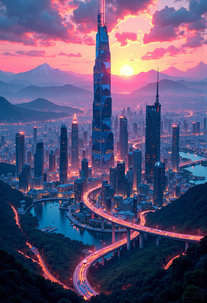 Create a highly detailed,high-resolution image of an awe-inspiring futuristic metropolis at dusk. The cityscape features towering sleek skyscrapers that seem to defy gravity amidst a vibrant neon-lit skyline. A high-speed rail line arcs gracefully over tranquil blue lakes and rolling hills as the sun sets behind majestic snow-capped mountains in the distance,painting the panoramic horizon with warm oranges and pinks.,<lora:FluxMythP0rtr4itStyle:1>,mythp0rt,