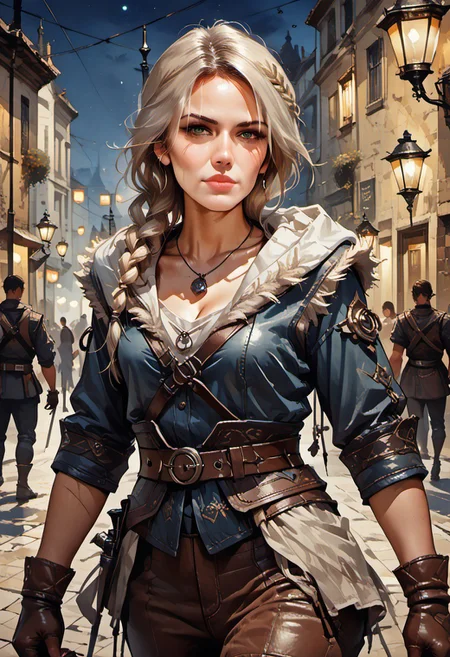 score_9, score_8_up, score_7_up, (zPDXL3), female, face portrait, concept art, realistic,
1girl, solo, mature woman, cw4, 1girl, white hair, green eyes, scar, long hair, hair over shoulder, braid, single braid, hair ornament, scar, scar on face, scar across eye, lips, closed mouth, armor, slim waist, breasts, medium breasts, sheathed, sheath, leather, pauldrons, fur trim, gloves, brown gloves, pants, brown pants, pouch, belt, boots, jewelry, necklace, hood, hood down, weapon, weapon on back, sword, sword behind back, ethereal beauty, looking at viewer, fantasy city street, night, lanterns, beautiful, cowboy shot, sexy, cocked hip,