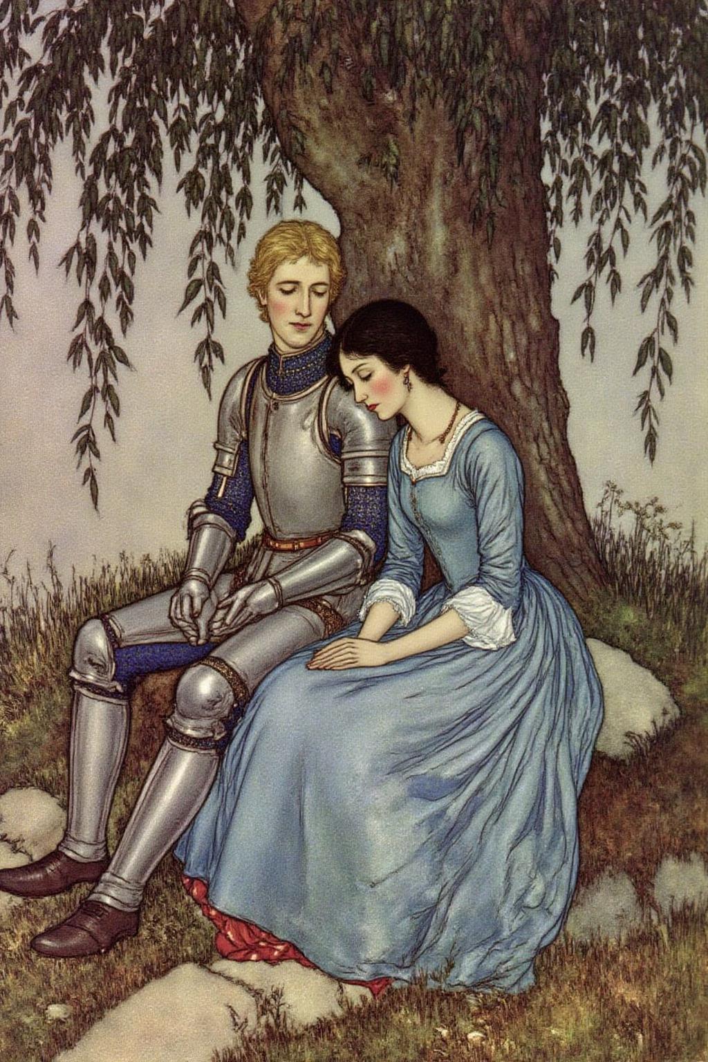 dulac1 illustration. 
A blonde knight and a lady sitting under a tree. The lady has dark hair and is wearing a blue dress. The knight is sleeping with his head on the leg of the lady 
 <lora:dulac2_cap_d6a3e15:1.0><lora:816537544553441879:0>