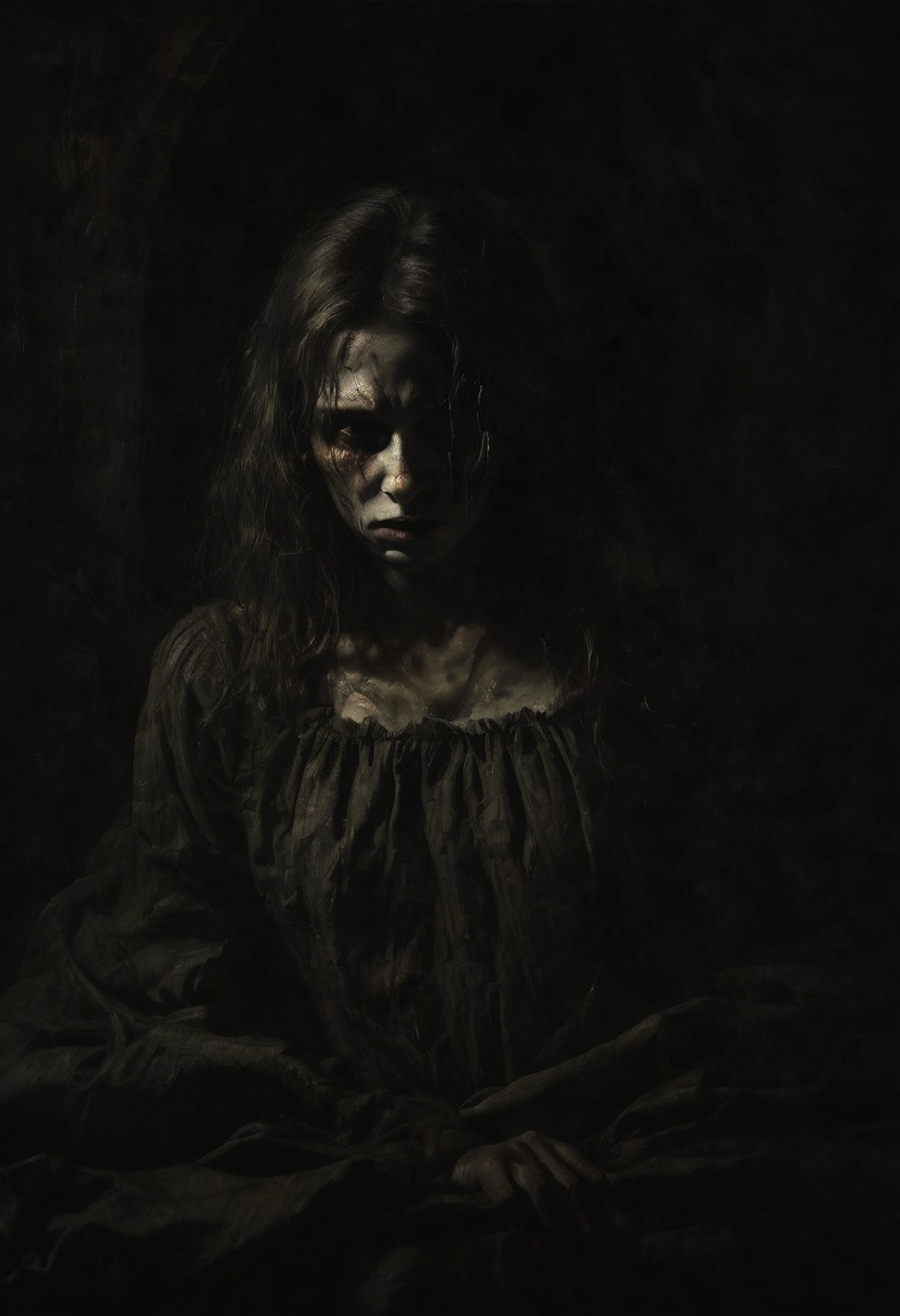 Satanic darkness. Exorcist, a girl possessed by a devil tied to a bed, a distorted face from pain and hatred, thick strokes, impasto, Albrecht Durer, Rembrandt, Baroque art, alla prima, sfumato, chiaroscuro, intense light, glare, synthwave