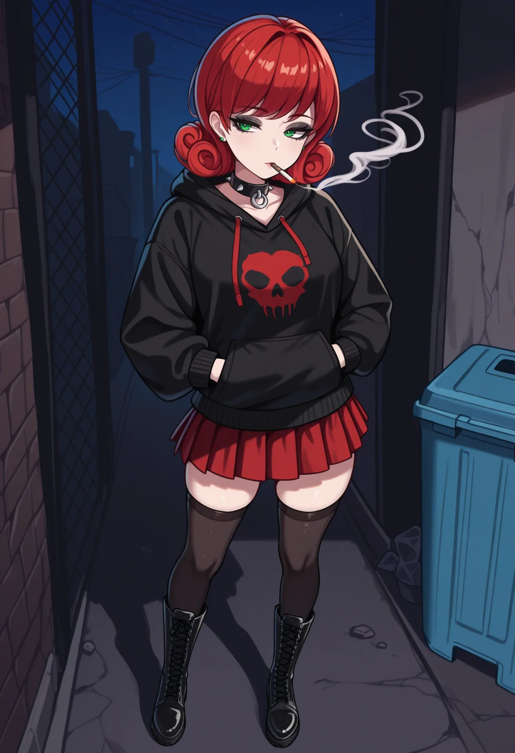 masterpiece, best quality, solo, 1girl,  <lora:NSPennyStardewIllu:1> NSPennyMisc, green eyes, medium hair, red hair, curly hair, green stud earrings, black hoodie, hands in pockets, black collar, spike collar, red skirt, pleated skirt, black thighhighs, black boots, lace-up boots, smoking, black eyeshadow, alleyway, trash container, night, dark, trash