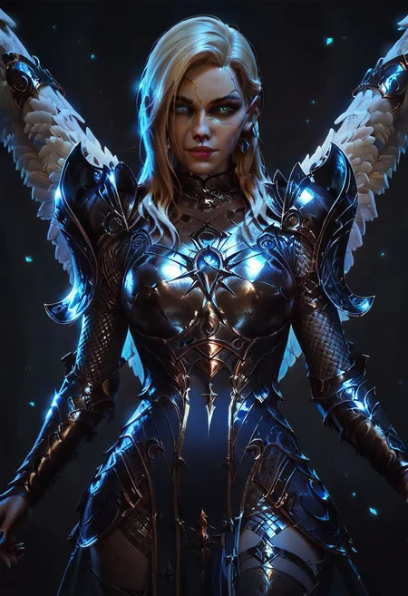 score_9, score_8_up, score_8, 1girl, smooth, dameaylin, cracked gold skin, pale white skin, blonde hair, highly detailed, perfect, high quality, high definition, looking at viewer, sullen, concept art, realistic, dark theme, low light, black angel wings, dark forest, glowneon, glowing, blue glow, wearing armor, blue glow shining down from above