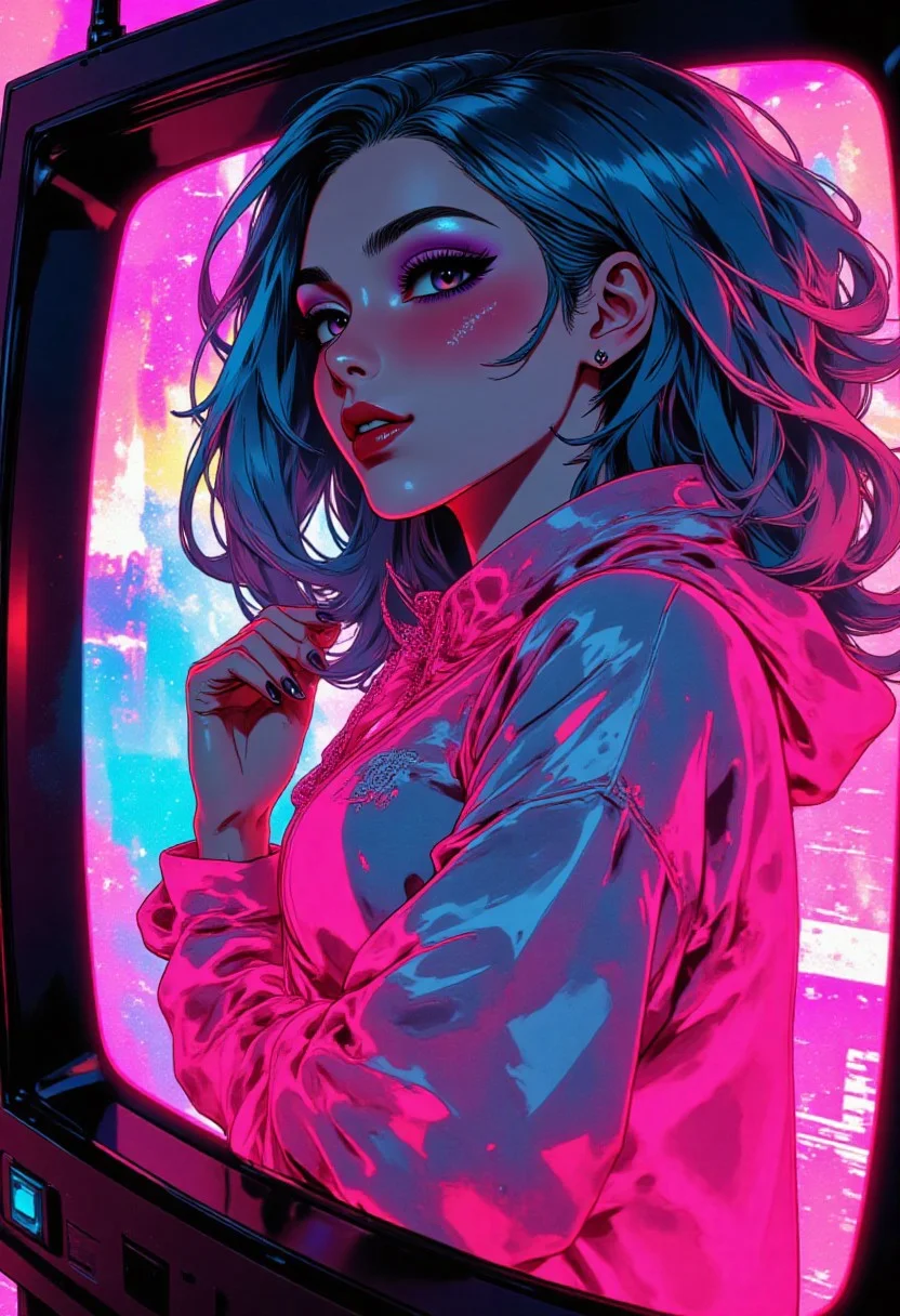 Create a hyper-stylized portrait of an Nude woman immersed in a surreal mix of 1980s VHS aesthetics. Her appearance: bright neon eyeshadow, gradient hair from electric blue to fuchsia, skin glitching like analog static. She wears a translucent windbreaker with pixelated glitches, set against distorted TV noise, scan lines, and color bleeds. Add magnetic tape effects: grain, frame wobble, faded RGB channels, digital artifacts. Capture her in a dynamic pose, as if emerging from a CRT screen, surrounded by abstract waves of low-bit glitch art. Style: nostalgic cyberpunk with VHS degradation textures, high contrast, and neon-acid hues. Resolution: 4K with intentional downgrade to 480p for retro authenticity.