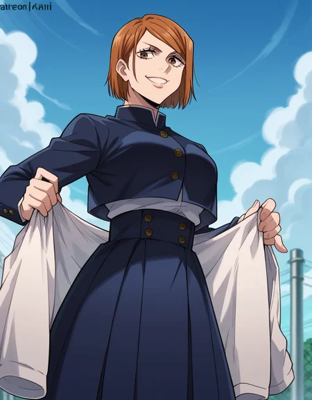 score_9, score_8_up, score_7_up, source_anime, <lora:nobara-kugisaki-s1s2-ponyxl-lora-nochekaiser:1>, nobara kugisaki, kugisaki nobara, bob cut, brown eyes, brown hair, lips, short hair, large breasts,, skirt, school uniform, jacket, cropped jacket, jitome, high-waist skirt, gakuran,, laundry day, clothesline, drying clothes, domestic life, fresh air, blue sky, smile, looking at viewer, solo,, cowboy shot, dutch angle