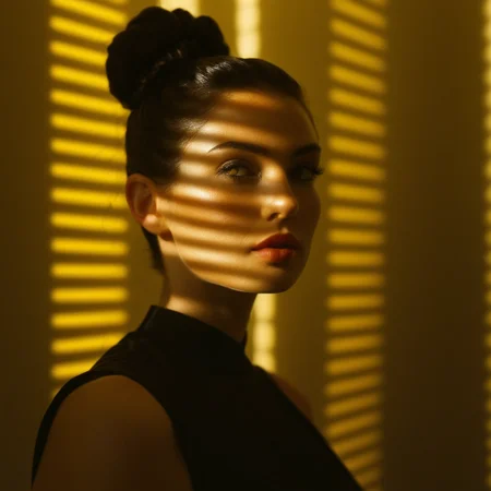 cinematic film still of <lora:casting shadow style v2:1>
A cucoloris patterned illumination casting a large diagonal bar shadow on a modeling woman with a black top and a black top,1girl,solo,looking at viewer,short hair,black hair,yellow eyes,hair bun,blurry,lips,shadow,sunlight,portrait,realistic,shade,dappled sunlight,cinematic,film,filmic,casting shadow,venetian blinds casting shadow light,shadow on face,face partially covered in shadow,different shadow,window casting shadow light,cinematography,detailed,detailed background,detailed face,high quality,8k,cuculoris,kookaloris,cookaloris or cucalorus,light modifier,different light pattern,hand, creative light,unique shadow , casting shadow style, shallow depth of field, vignette, highly detailed, high budget, bokeh, cinemascope, moody, epic, gorgeous, film grain, grainy