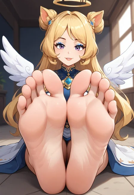 score_9, score_8_up, score_7_up, score_6_up, score_5_up, score_4_up, source_anime, BREAK, (masterpiece:1.4), (best quality:1.2), expressive eyes, perfect face, perfect anatomy, accurate anatomy, perfect feet, perfect soles, 1 girls, feet, soles, toes, foot focus, front view, smile, cute expression, clean feet, sitting, hands on ground, showing feet, barefoot, PONYXL_WaifuFeetPics_ownwaifu, feet, megumi_bandicoot, bandicoot, blonde hair, twin bun, diamond-purple eyes, smiling, golden skin, dual-colored skin, black nose, eyelashes, purple lips, animal ears, blue bun tail, barefoot, angel wings, halo, glowing halo, blue eyeshadow, makeup, red lips, lipstick,