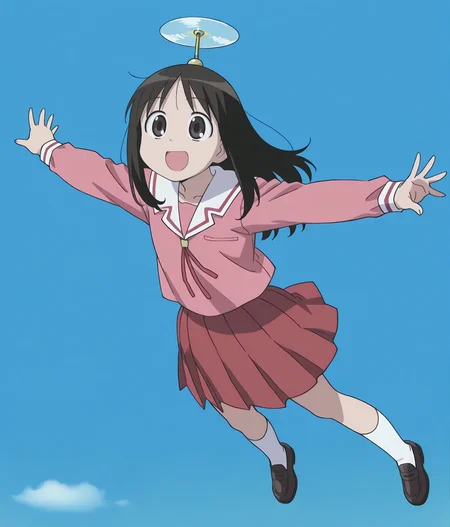 masterpiece,best quality,absurdres,highres,very aesthetic,high quality,perfect anatomy,
1girl,solo,
anime coloring,
<lora:takecopter_ILv10_v1:1>,takecopter,blue sky,outstretched arms,flying,
<lora:Osaka-san:0.9>,Osaka,long hair,black hair,black eyes,brown eyes,school uniform,long sleeves,red skirt,pleated skirt,white socks,shoes,:d,smile,open mouth,
full body,