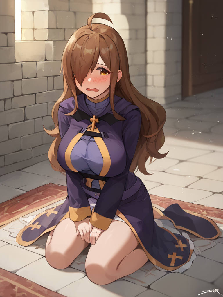 score_9,score_8_up,score_7_up, <lora:wiz_(konosuba):1>,hands_on_own_thighs, full_body, one_eye_covered, commentary, carpet, long_sleeves, open_mouth, wiz_\(konosuba\), large_breasts, on_floor, indoors, greek_cross, hands_on_lap, looking_at_viewer, solo, yellow_trim, seiza, blush, cross_print, wavy_mouth, kneeling, brick_wall, embarrassed, 1girl, hair_over_one_eye, tile_floor, arch
