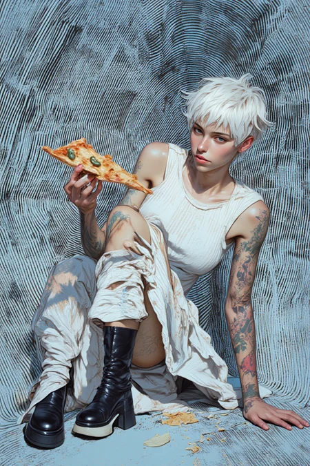 This high-resolution digital artwork portrays a young, slender woman with a pale complexion and short, spiky platinum-blonde hair crouched on the ground in a captivating, edgy pose. She holds a slice of thin-crust pizza, with steam softly curling from its surface, adding a playful yet visually arresting element. She wears a sleeveless, ribbed white dress that accentuates her form, paired with bold knee-high platform boots featuring dramatic black flame-like patterns against their stark white base. Her skin is adorned with detailed tattoos on her upper right arm and left forearm, contributing to her rebellious and modern aesthetic. 

The background features a meticulously crafted optical illusion made of black-and-white lines arranged in parallel waves. These lines gradually shift their thickness and spacing, creating a mesmerizing sense of movement and depth that appears to ripple across the image. The illusion is positioned to frame the subject dynamically, contrasting sharply with the vibrant solid blue backdrop, which enhances the sharp lines and bold contours. The interplay of the optical effect with the minimalist setting ensures the artwork remains visually engaging, modern, and unforgettable.