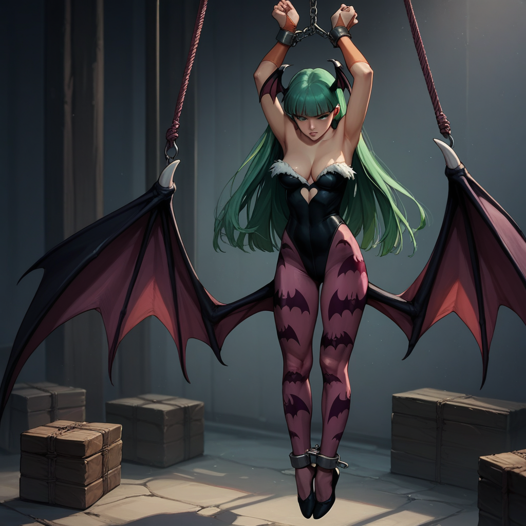 score_9, score_8_up, score_8, (source_anime), hanging_suspension, BREAK, Morrigan Aensland, restrained, bound wrists, blush, perfect face, 1woman, 22 years old, MorriganAe, hime_cut, emerald_green hair, green eyes, blunt bangs, fur trim, bridal gauntlets, print pantyhose, bat print, cleavage, hanging_suspension, BREAK, 1woman, bondage, bdsm, suspension, standing, arms_up, cuffs, bound_wrists, upright_restraints, standing_restraints, tiptoes, straight_legs, feet_dangling