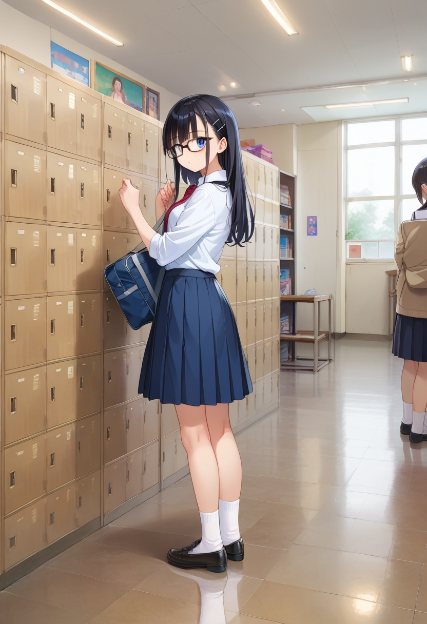 score_9, score_8_up, score_7_up, rating_safe, masterpiece, best quality, absurdres, unity 8k wallpaper, official art, official style, source_anime, uncensored, game cg, megami magazine,
multiple girls, glasses, black hair, long hair, blue eyes, collared shirt, red necktie, pleated skirt, blue skirt, socks, shoes, school bag,
getabako, locker, indoors, school, 
 <lora:gakkou_getabako_PONY_V1:1>