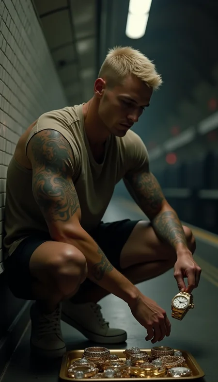 a man, (blonde matt), a very muscular male, so handsome, suspicious, doggy geezer, a skinny young male, scallylad chav, proll, smirking with tattoos, scruffy shirt, black shorts white sneakers squatting, back to the wall in the tube station head slanted looking at you, handing dangling a genuine rolex watch which glimmers in reflective light, a tray of real diamond encrusted watches and jewellery is on floor
dark lighting, dark color, mystery, atmospheric, ultra high res, 8k uhd, intricate details, best face, best eyes, best hands, best quality, delicate, detailed face, detailed eyes, masterpiece, film grain, deep tanned male
photo realistic wide angle long shot
