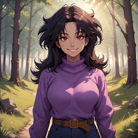 score_9, score_8, BREAK, solo, Sarah Henderson, messy hair, black hair, red eyes, purple sweater, pink strip, belt, blue pants, sexy pose, self portrait, smile, outdoors, sunlight, shadows, evening lighting, natural lighting, forest, trees, grass, orange sky, sunset
