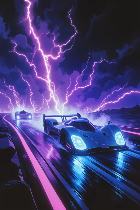 A futuristic racecar, sleek and metallic, speeds down a neon-lit highway as bolts of electric-blue lightning strike all around it. The tires leave behind glowing streaks of light, crackling with raw energy as if the car itself is charged with untamed power. The sky above is a swirling storm of deep purples and blacks, jagged lightning illuminating the ominous clouds. In the distance, ghostly silhouettes of rival racers emerge from the storm, their headlights piercing through the chaos..ovg, arsmoviestill, dndgr41nyb0yz style, <lora:detailed_v2_flux_ntc:0.92><lora:80sFantasyMovieV3Flux:0.92><lora:DND_GRAINYBOYZ_FG_FLUX_V2_ROMULUS_Lora:0.48>