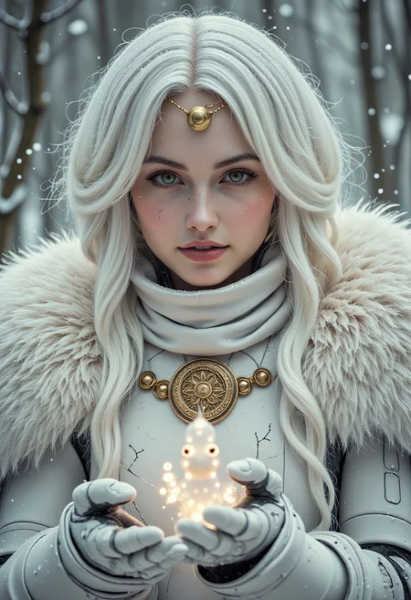 Extreme detailed photorealistic Face Closeup, best quality, masterpiece, HDR photorealistic image, extremely detailed, great lighting,, charming and blushed smiling heavy armored Vintage hkstyle science fiction fantasy inspired *snoo* knightess with flamboyant synthetic White organic translucent towering shoulder Armor And long white Hair, Freckles, shaded eyes, cracked porcelain but Natural human skin, very detailed skin, vibrant creativity in a single frame, intricate Armor emblem forming a snowman made of light particles her hand, exuding a laid-back yet dangerous vibe. The photo features faded colors, with a limited palette of gray, beige, and washed-out orange, capturing her cool, striking appearance.. cinematic composition, soft shadows, national geographic style, atmospheric haze, Film grain, cinematic film still, highly detailed,