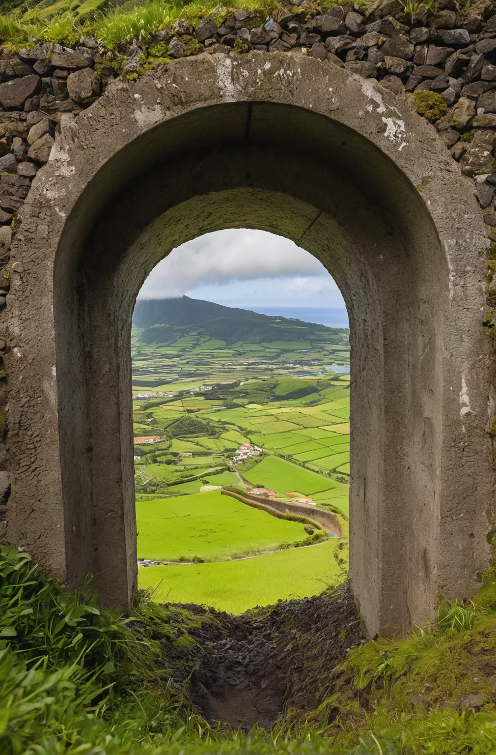 Landscape Photography, by Erwin Bowien, looking through a portal, azores, mountain valley to fortress, sewer pipe entrance, 20mm lens, f / 2. 8, 50mm 4k, soil