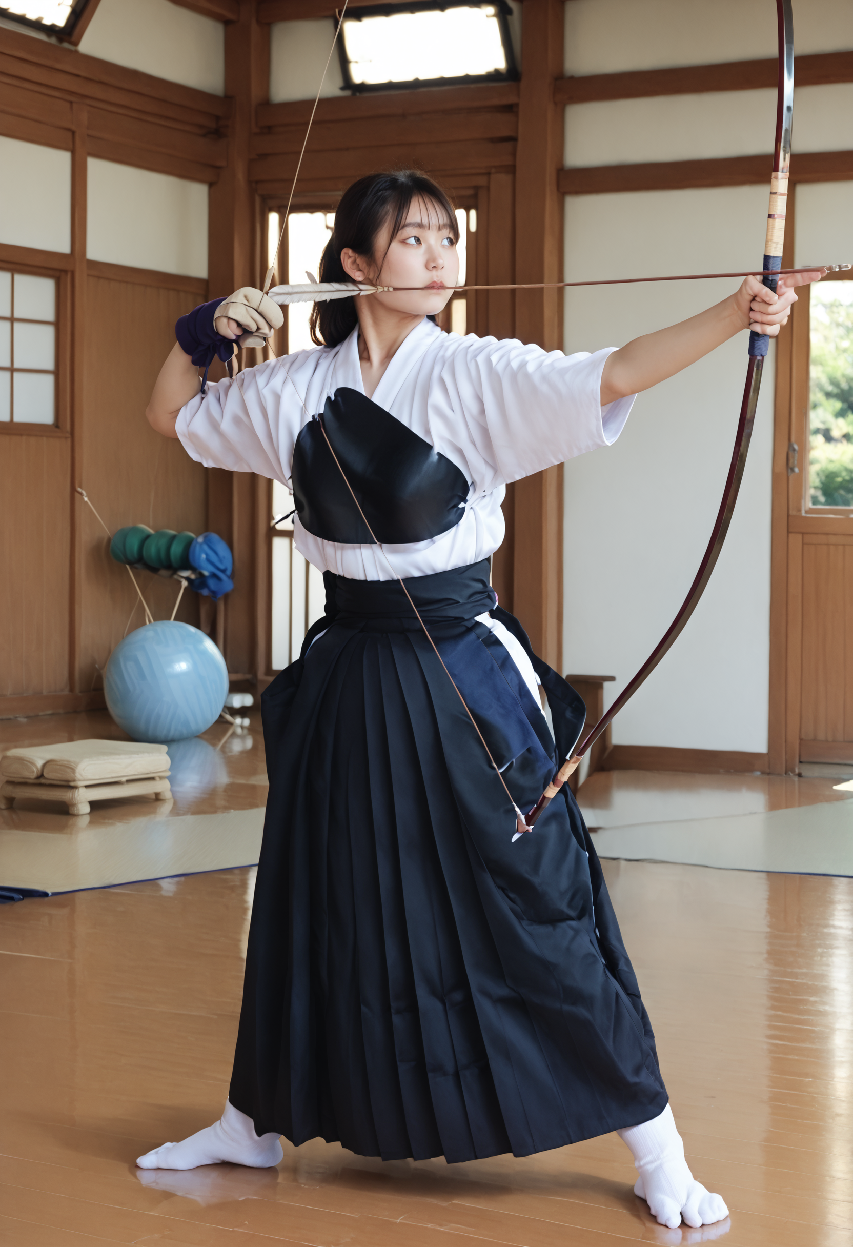 zPDXL3,1girl,full_body,standing,open_stance,indoors,dojo,large breasts,looking to the side,<lora:Pony_DetailV2.0:1> BREAK
kyudo-aiming,holding bow \(weapon\),drawing bow,bow_string,arrow \(projectile\),aiming,partially fingerless gloves,yugake,closed mouth,<lora:kyudo-aiming-pony-v30:1> BREAK kyudogi,hakama,muneate,tabi socks,<lora:kyudo-uniform-pony:0.5>,