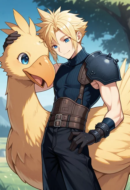 masterpiece,best quality,amazing quality, source_anime,
SoutouKumo, 1boy, male focus, solo, blue eyes, blonde hair, spiked hair, shoulder armor, single bare shoulder, sleeveless turtleneck, gloves, multiple belts, black pants, outdoor, petting chocobo, smile, toned male,