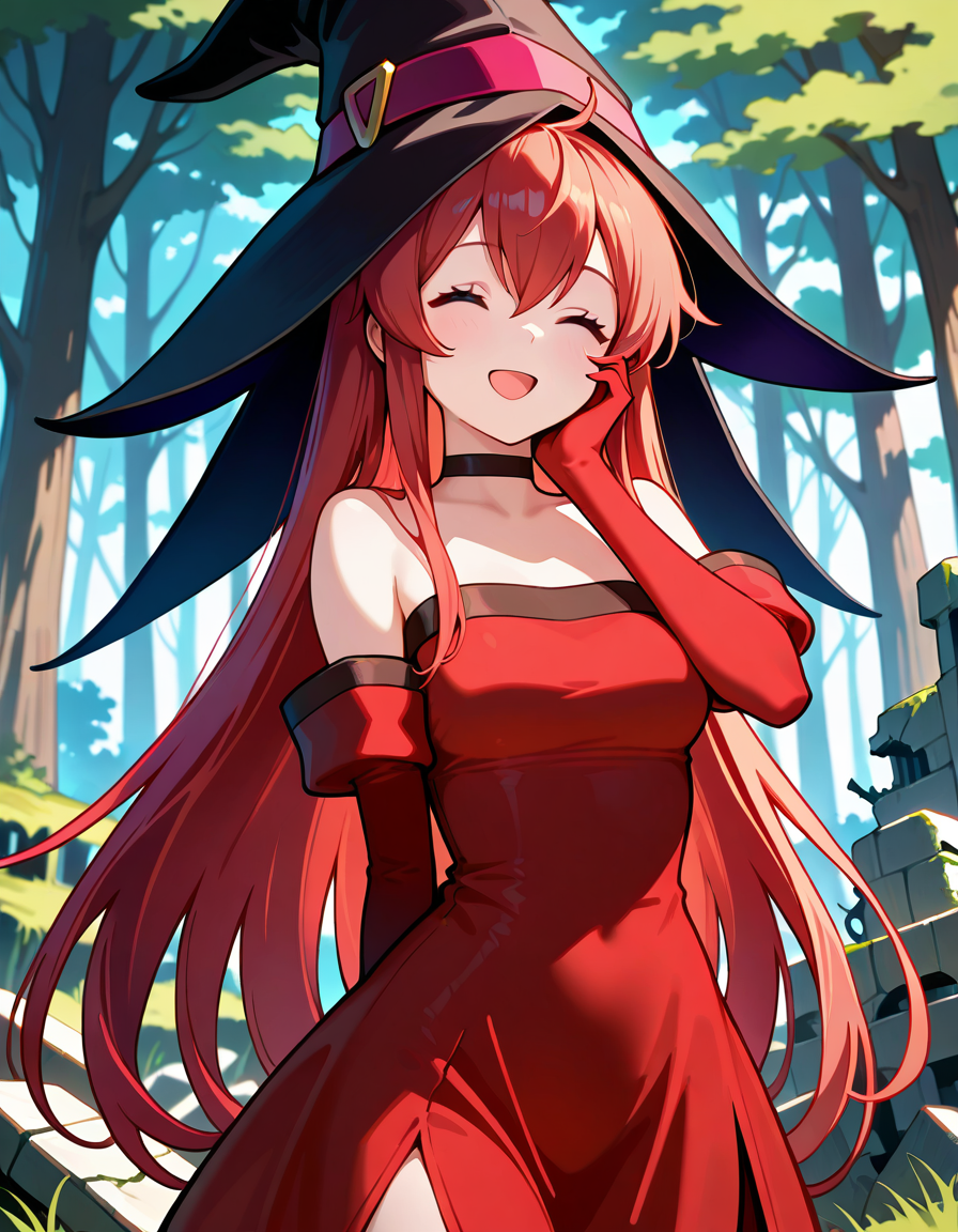 <lora:DHERivieracierra_SDXL_illustrious_fp16_ver01:1>, DHERivieracierra, 1girl, witch hat,  red hair, long hair,red eyes, black choker, dress, bare shoulders, elbow gloves, cowboy shot,closed eyes, smile,open mouth,forest,ruins, hand on own cheek,, masterpiece, best quality, very aesthetic, absurdres,<lora:detailed_hands:1>,hand