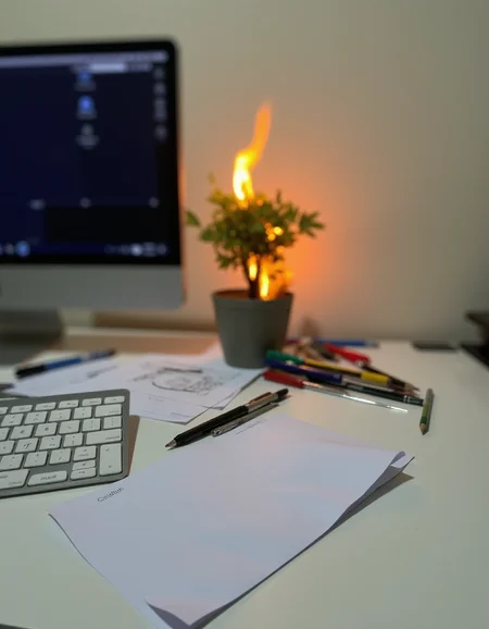 A photo of a neat desk, with a few pens, pencils, and papers scattered across its surface. A small potted tree can be seen on fire in the background., <lora:amateurphoto-v5-14-15-1-1:0.4> <lora:Another_Amateur_Lora:0.4> <lora:Phlux:0.4> <lora:UltraRealistic_Lora_Project:0.4>