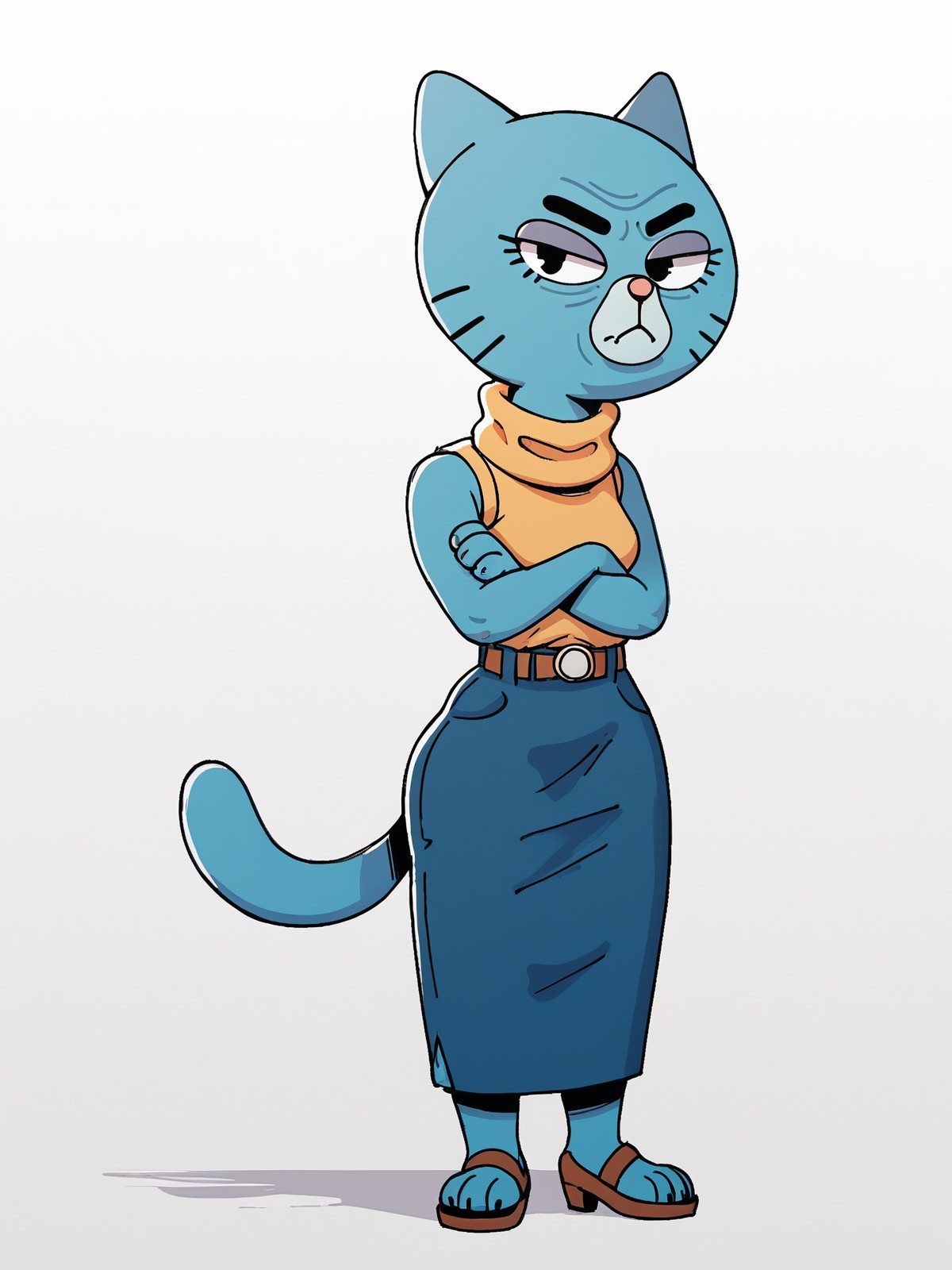 score_9,score_8,score_7,source_furry,
<1girl:1.5>,
<solo:1.5>,
wrinkles,
old,
old woman,
elderly,
1girl, mary_senicourt, granny_gumball, solo, skirt, tail, standing, full body, blue skirt, animal ears, furry, black eyes, sleeveless, looking at viewer, cat ears, belt, crossed arms, simple background, cat tail, shirt, blue skin, furry female, closed mouth, colored skin, sleeveless shirt,
<simple background:1.5>,
<white background:1.5>,
 <lora:Mary_Senicourt_Pony_SDXL:1> mary_senicourt