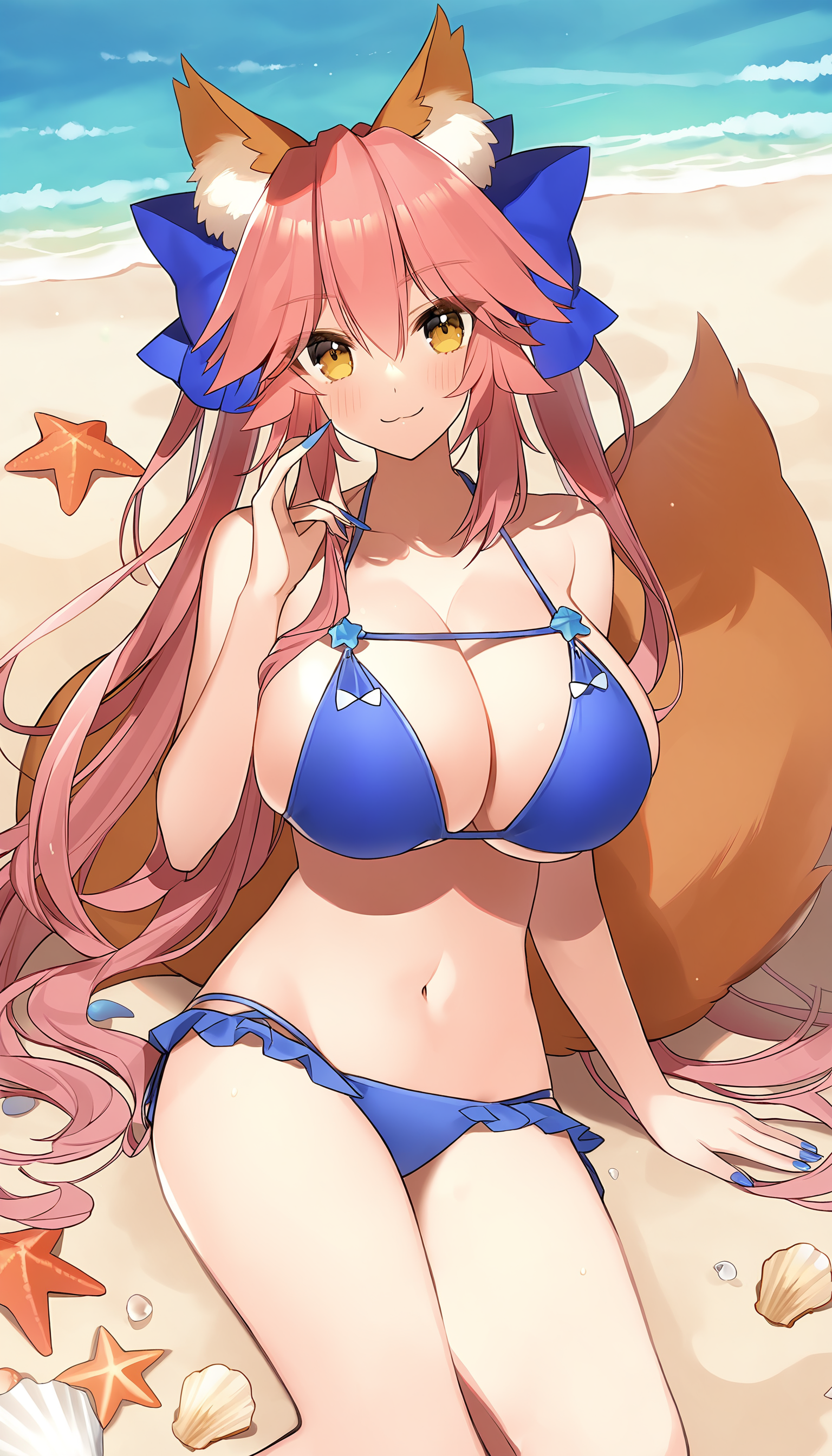 1girl, solo, long hair, breasts, looking at viewer, blush, smile, bangs, large breasts, bow, navel, animal ears, cleavage, hair between eyes, bare shoulders, closed mouth, collarbone, tail, swimsuit, yellow eyes, pink hair, hair bow, bikini, outdoors, lying, on back, water, nail polish, arm up, animal ear fluff, fox ears, :3, fox tail, beach, fox girl, blue bikini, blue nails, sand, shell, starfish, tamamo (fate), tamamo no mae (fate/extra), tamamo no mae (swimsuit lancer) (fate),<lora:Wada_Arco__Style__XL:1.2>,