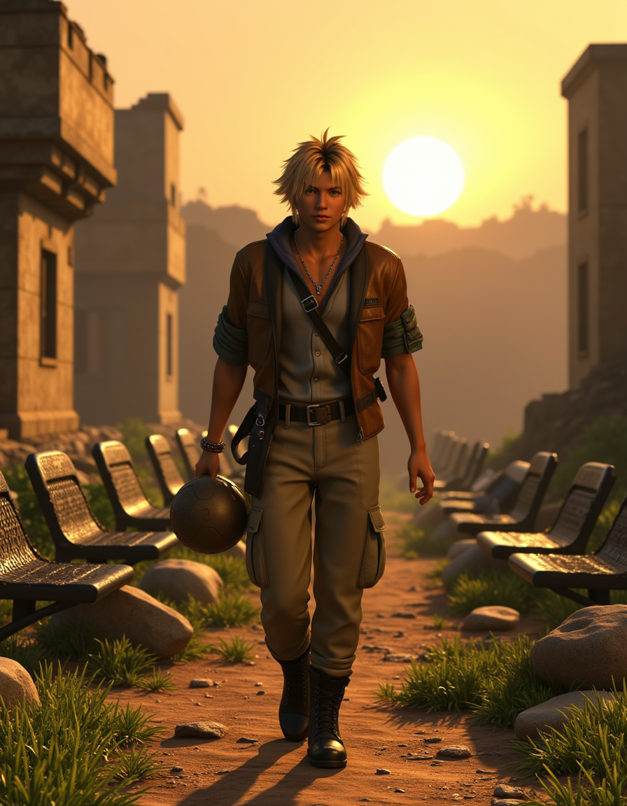 Tid_dus_2025, The image is a CGI-rendered digital artwork featuring Tidus, a young male character with a striking, anime-inspired aesthetic. He has a lean, athletic build and tanned skin. His hair is messy, spiky, and a light, sandy blonde color. His piercing green eyes and sharp facial features give him a nostalgic, introspective expression. He is dressed in a rugged, explorer-inspired outfit: a weathered leather jacket over a gray shirt, paired with cargo pants and sturdy boots. A satchel and a small flashlight hang from his belt.
The background is the overgrown ruins of Zanarkand, with crumbling buildings and broken blitzball stadium seats. Tidus walks through the ruins, holding a faded blitzball in his hand, as the golden light of sunset filters through the cracks in the structures. The air is thick with dust and memories. The overall style is highly detailed and realistic, typical of advanced CGI techniques often used in video game and animated film character design. <lora:Tidus_2025-Civitai:1.0> <lora:AntiBlur:1.0>