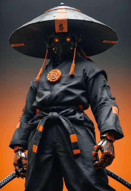 Cyborg Samurai,  black armor, orange color  ornaments, vibrant , oversized sedge hat, (smoky backdrop:0.5) , (holding katana:1.2), atmospheric haze, Film grain, dark simple gradient  background, ascetic modest simple  ,from below,,