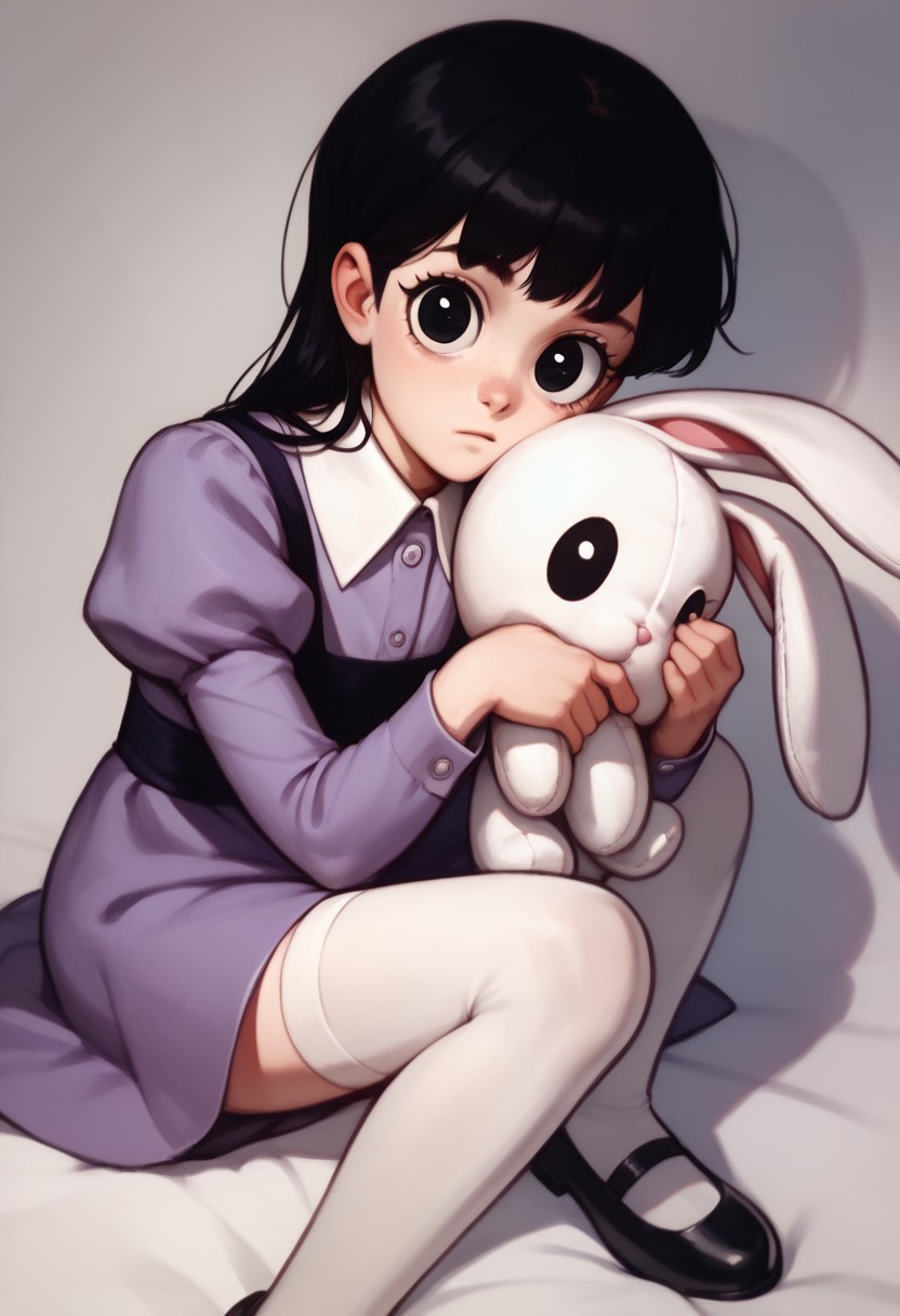 score_9, score_8_up, score_7_up BREAK AyeEyes, 1girl, black hair, black eyes, white buttoned collar, puff sleeve purple dress, white stockings, black mary jane shoes, holding white bunny plush, staring at viewer,