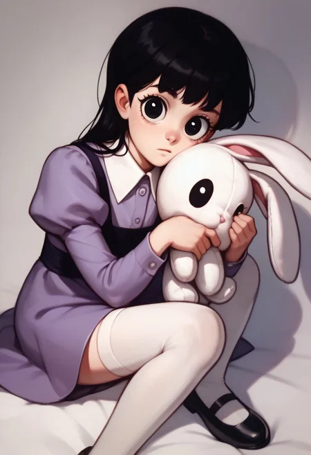 score_9, score_8_up, score_7_up BREAK AyeEyes, 1girl, black hair, black eyes, white buttoned collar, puff sleeve purple dress, white stockings, black mary jane shoes, holding white bunny plush, staring at viewer,