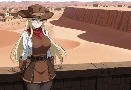 masterpiece, best quality, newest, absurdres, very aesthetic, Doya, 1girl, solo, cowboy shot, 
(blonde hair, long hair, bangs between eyes, sidelocks), green eyes, big breasts, 
(brown wide-brim hat), brown vest, white undershirt, red scarf, long-sleeves, brown gloves, brown skirt, (belt, belt buckle, belt pouches, holsters), black pantyhose, 
smile, looking at the viewer, (closed mouth), blush,
outdoors, sunny weather, town, old west, desert,