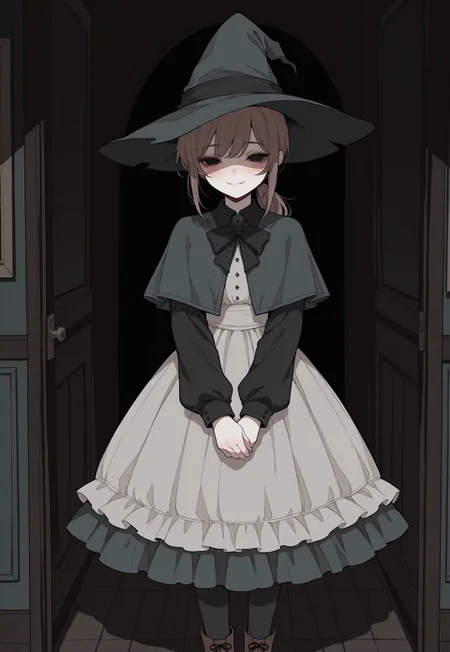 Solo, ethereal, detailed, halfturned, melancholic, upper facing, 

dark background, transparent walls, 

shadowed face, soft smile, blush, v_arms, 

1girl, black solid eyes, brown hair, ponytail, dark witch hat, long  grey dress, dark grey capelet, long black sleeves, collared, dark green neck_bow, frills,  [black pantyhose, brown shoes,],

masterpiece,best quality,amazing quality, detailed, 


masterpiece, best quality,  very aesthetic, absurdres, newest, 