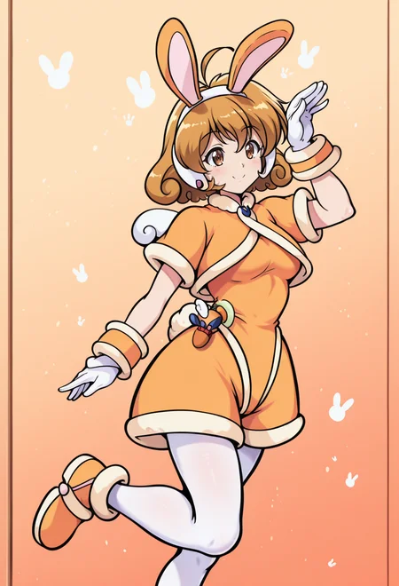 masterpiece, best quality, high quality, anime, <lora:AEYui_1:1>
AEYuiEarth, brown eyes, brown hair, curly hair, short hair, fake animal ears, rabbit ears, white hairband, short sleeves, white gloves, shorts, rabbit tail, white pantyhose, orange footwear, wings,
smile, hand up, standing on one leg, rabbit pose,
