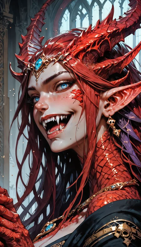 score_9, score_8_up, score_7_up, monster girl, very beautiful, wizard, black robe, red trim, long hair, horns, scales, f4ng, small fangs, fangs, blue and purple gradient skin, gold, jewelry, in a palace, sitting on throne, close-up, blue eyes, full body, <lora:Expressive_H-000001:0.8>, expressiveH <lora:Fant5yP0ny:0.9> <lora:Pony_DetailV1.0:0.9> <lora:f4ngXLP:0.7>
