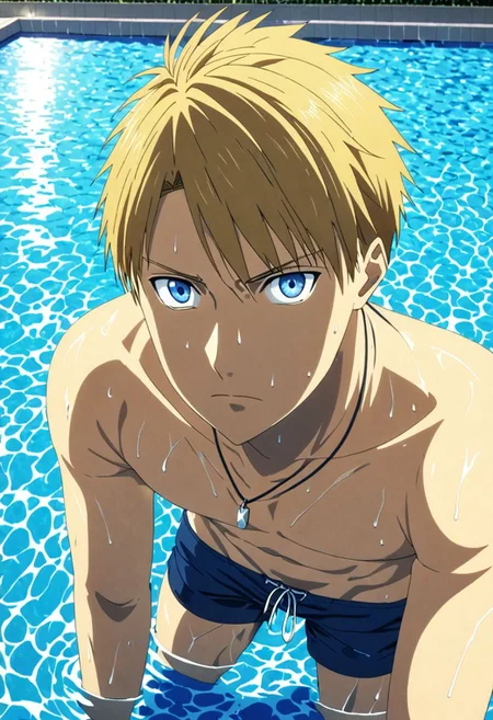 high resolution, solo, best quality, 1Boy, Yamato Ishida, Blond Hair, Blue Eyes, Necklace, pool, swim, shirtless, sixpack, shorts, looking at viewer, OverallDetail