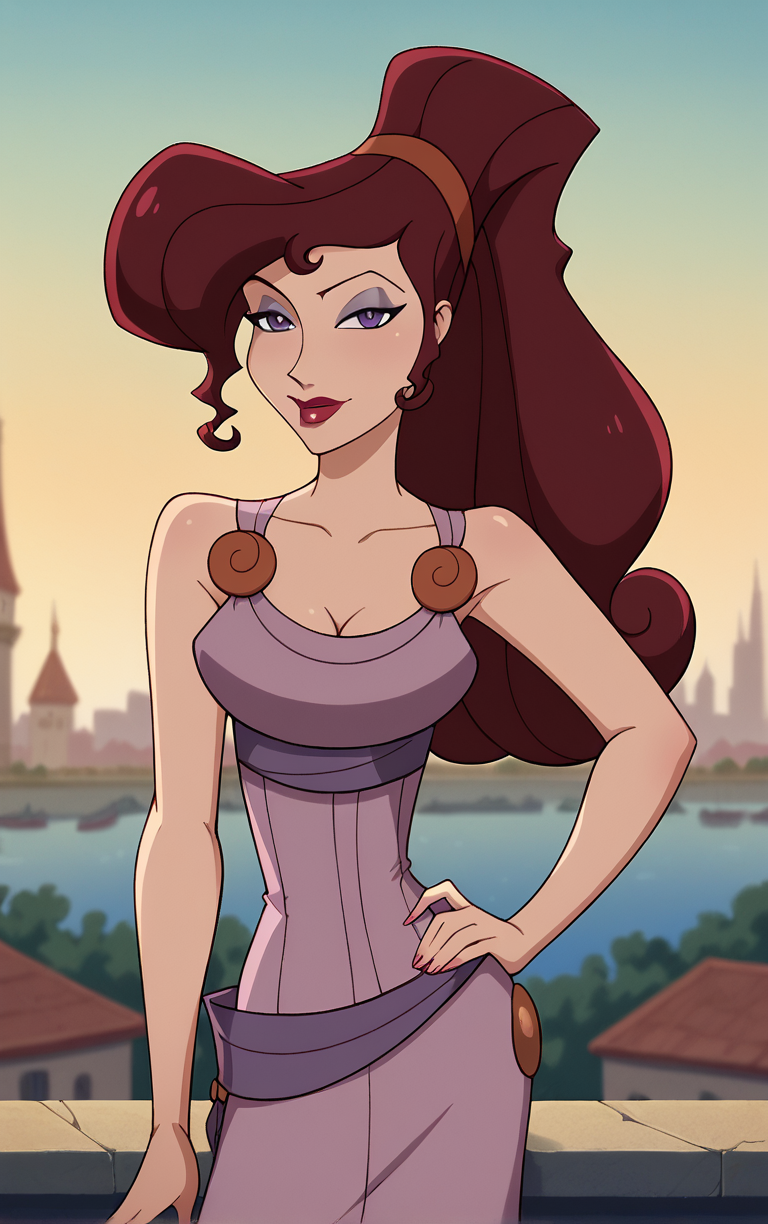 score_9, score_8_up, score_7_up, BREAK
MainOutfit_Megara_ownwaifu, 
1girl, big hair, breasts, curly hair, eyelashes, hair bun, high ponytail, long hair, makeup, narrow waist, purple eyes, purple eyeshadow, red hair, red hairband, red lips, lipstick, medium breasts, dark skin, dark-skinned female, hair over one eye, collarbone, 
purple dress, sleeveless dress, cleavage, clothes around waist, sleeveless, bare shoulders, long dress,
(contrapposto, hand on hip), sunset, sidelighting, cityscape, vanishing point, outdoors, <lora:PONYXL_Hercules_Megara_ownwaifu:0.9> , depth of field, solo,