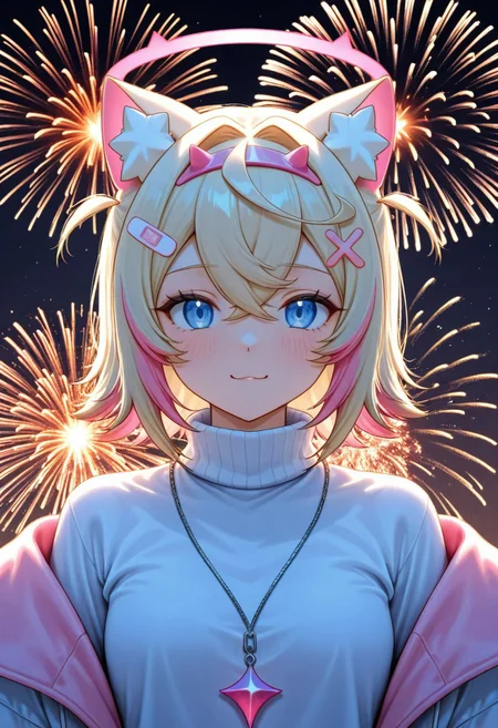 d_up, 1girl, mococo abyssgard, blonde hair, pink hair, blue eyes, earphones, multicolored hair, medium hair, shirt, turtleneck, sweater, long sleeves, turtleneck sweater, jacket, glitch, upper body, abstract background, white shirt, halo, fireworks, looking at the viewer, cute, d2j3m0x