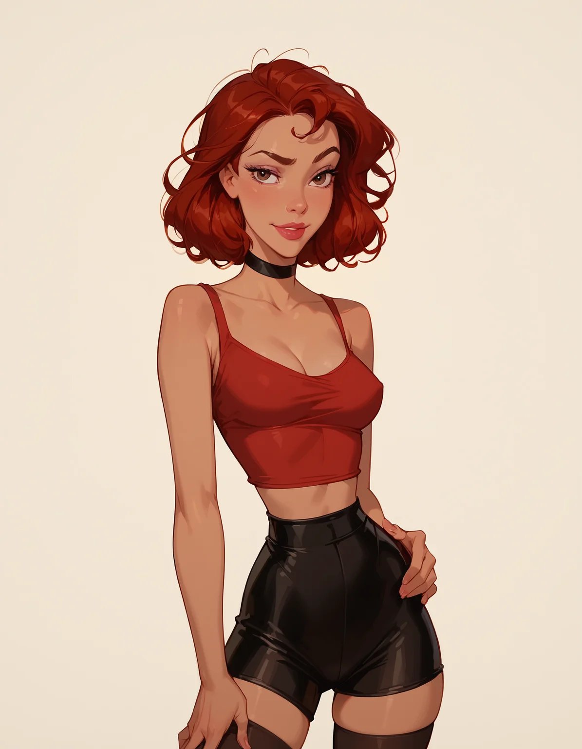 <lora:Disney_Style:.9> <lora:princess_xl_v2:.75> <lora:add-detail-xl:.9> <lora:g0th1cPXL:.3> <lora:Cherry-Gig:.45> <lora:Expressive_H:1> <lora:PLASTT_PonyV6:1>
score_9, score_8_up, score_7_up, zPDXL, DisneyRenstyle, score_9,score_8_up,score_7_up,score_6_up,
white background, plain background, ambient lighting, standing, 3/4 view,
adult woman, 1girl, close-up, skinny, sexy 18year old, beautiful, sexy, slender, narrow waist, narrow eyes, adorable eyes, messy hair, red hair, short hair, brown eyes, teasing, lips parted, naughty face, raised eyebrow, red tanktop, red bike shorts, perky breasts, relaxed breasts, black choker, black thighhighs, legs apart, perfect hands, 5 fingers, one hand on hip,