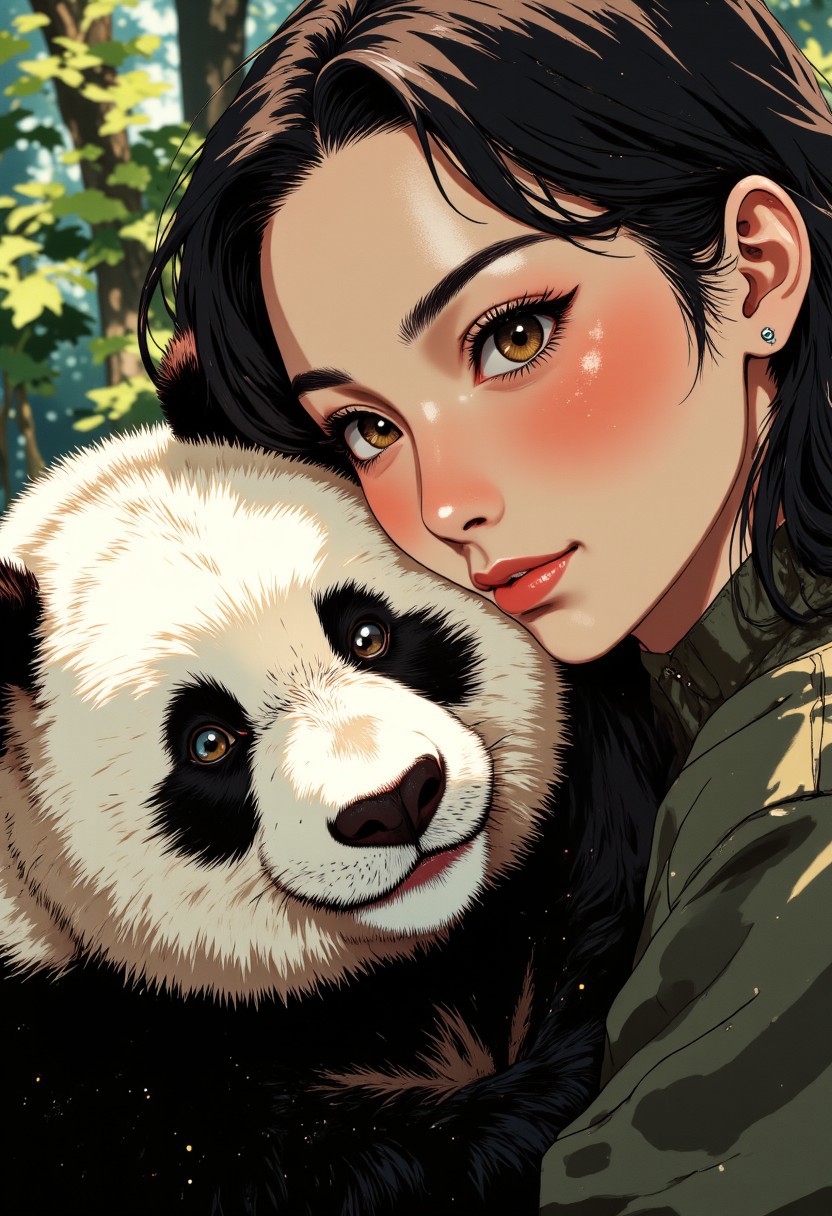 A tender close-up portrait of a young chinese woman embracing a panda. Her delicate features are captured in intimate detail - smooth porcelain skin with a natural glow, high cheekbones, and expressive almond-shaped eyes that convey deep affection as she gently rests her cheek against the panda's soft fur. her long, silky black hair frames her face, with a few strands falling naturally across her forehead. The panda's distinctive black and white face is prominently featured. its round ears and characteristic black eye patches creating a perfect contrast to the woman's features.  the panda appears content and comfortable in her embrace , its eyes half-closed in a state of relaxed trust. The texture of its thick, plush fur is visible in exquisite detail, showing the variations between the crisp white and deep black markings. Their faces are pressed close together in a moment of genuine connection, highlighting the size difference between human and animal. The lighting is soft and natural, emphasizing the tenderness of the moment and creating a warm, intimate atmosphere. The background is subtly blurred, focusing all attention on this touching moment of cross-species affection and mutual trust. Both the panda and the woman are facing the viewer.