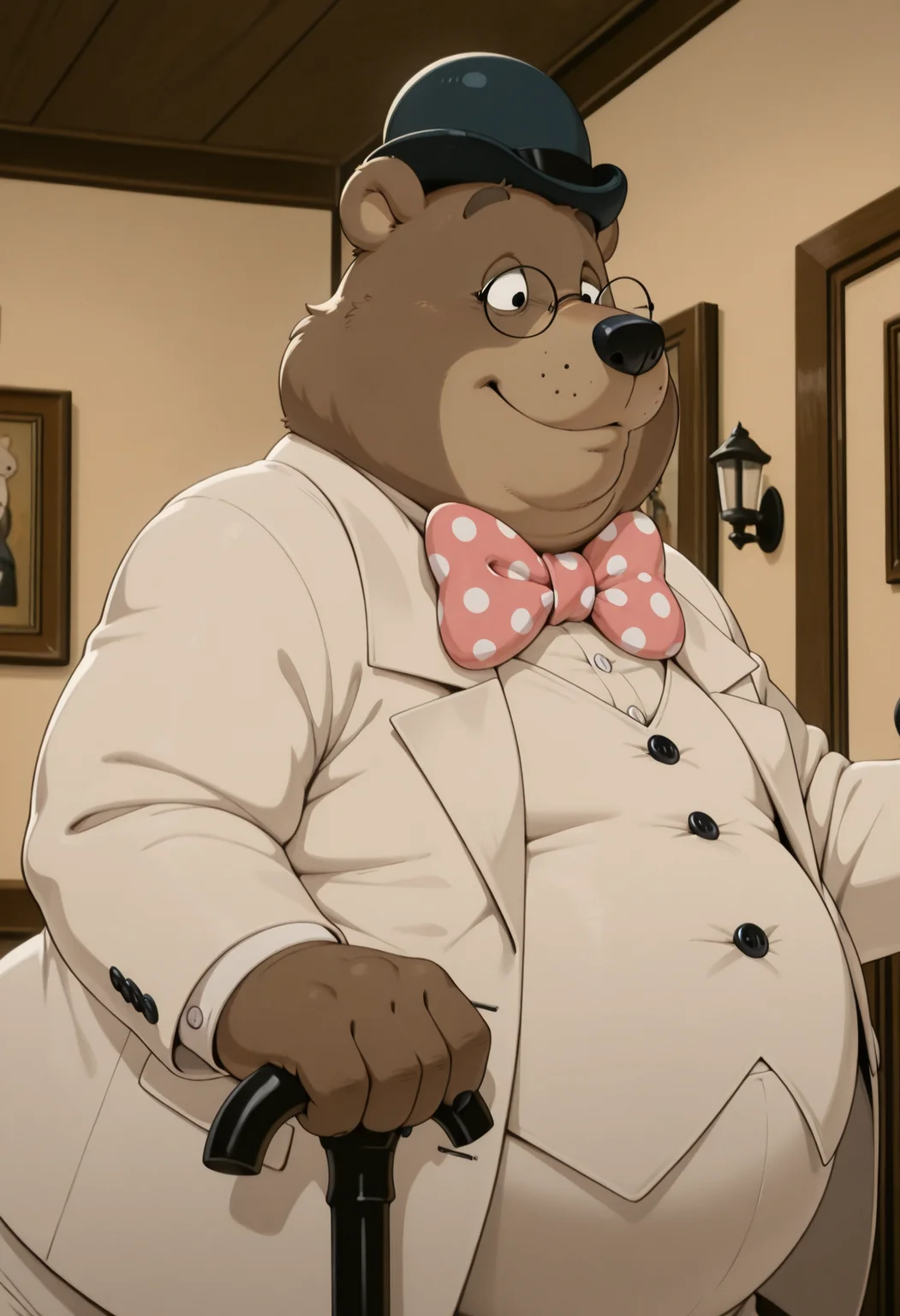masterpiece, best quality, amazing quality, high resolution, absurdres, newest, Gr4fton,1boy, solo, bear, no humans, polka dot bowtie, furry male, glasses, fat, indoors, bowler hat, white outfit, formal suit, cane, refined, smile <lora:Grafton_the_Lawyer_Alfred_J_Kwak:.85> <lora:NOOB_vp1_detailer_by_volnovik_v1:1>