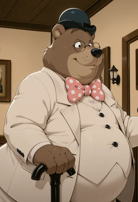 masterpiece, best quality, amazing quality, high resolution, absurdres, newest, Gr4fton,1boy, solo, bear, no humans, polka dot bowtie, furry male, glasses, fat, indoors, bowler hat, white outfit, formal suit, cane, refined, smile <lora:Grafton_the_Lawyer_Alfred_J_Kwak:.85> <lora:NOOB_vp1_detailer_by_volnovik_v1:1>