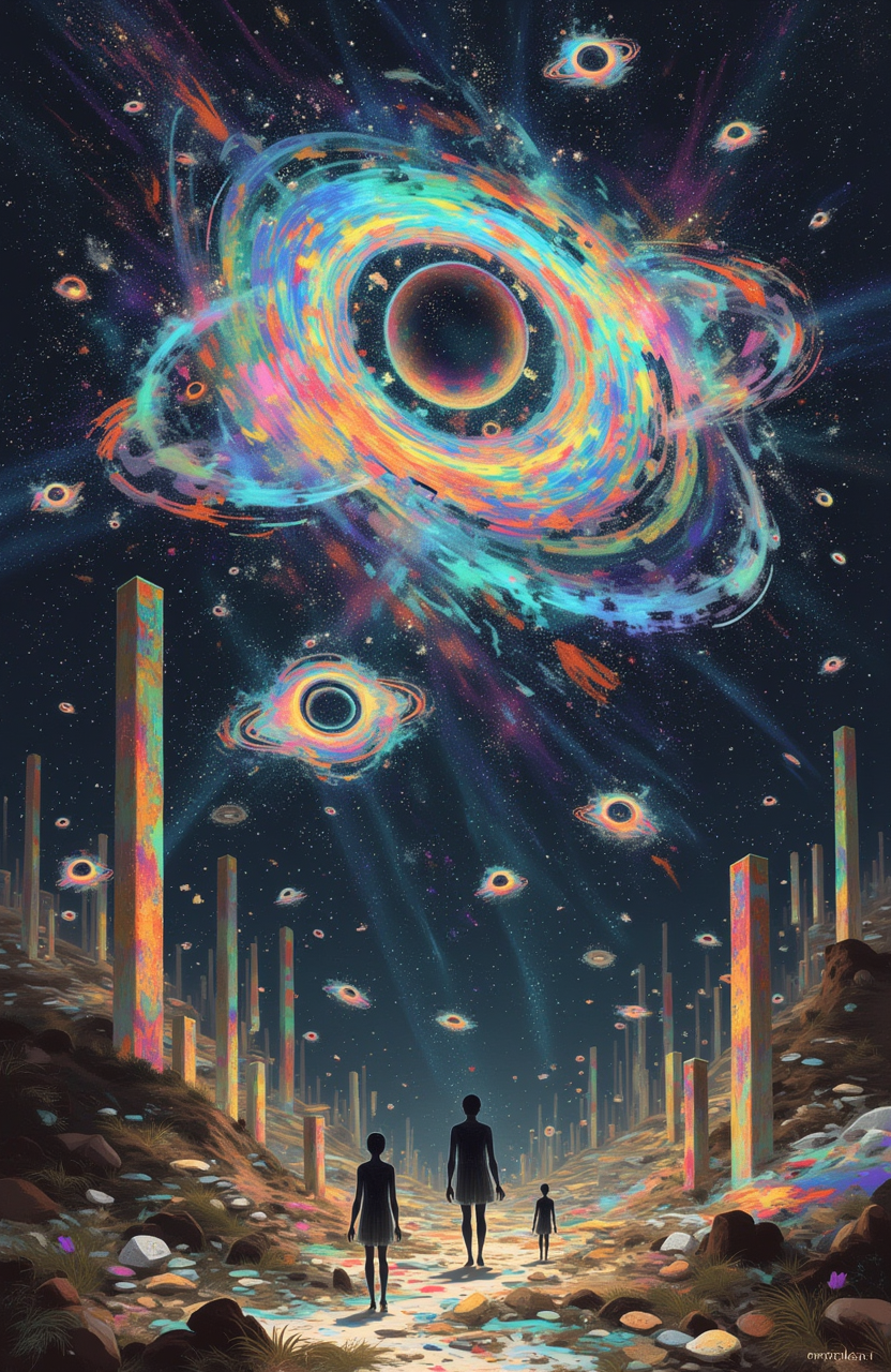 psycho_4rt: A surreal depiction of a vast galaxy spiraling in infinite space, filled with floating celestial bodies, fragments of ancient ruins, and faint outlines of unknown figures intertwined with the stars.
