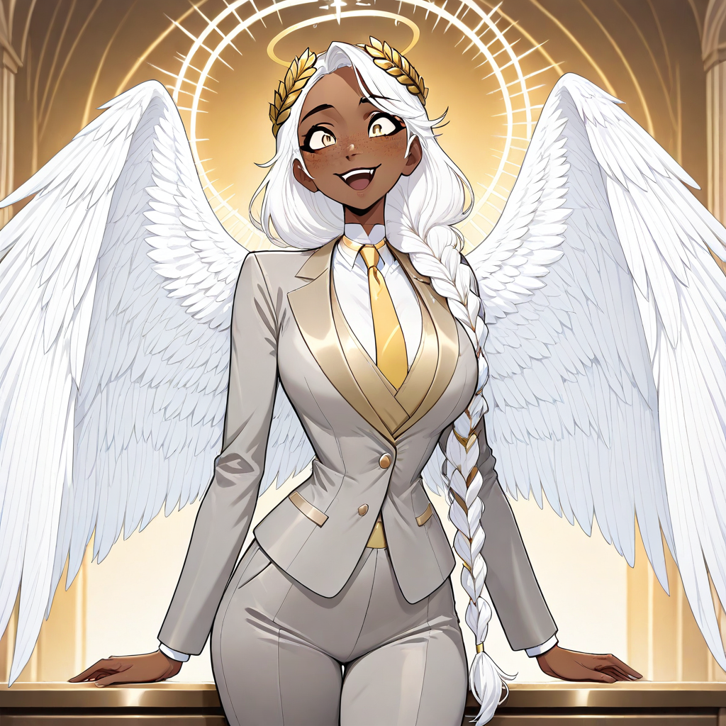 masterpiece, best quality, newest, absurdres, highres, GABV2.0, 1girl, dark skin, dark-skinned female, grey suit, official attire, official clothes, nectie, yellow necktie, white hair, long hair, braid, single braid, angel, angel girl, halo, wings, angel wings, golden eyes, laurel crown, freckles,