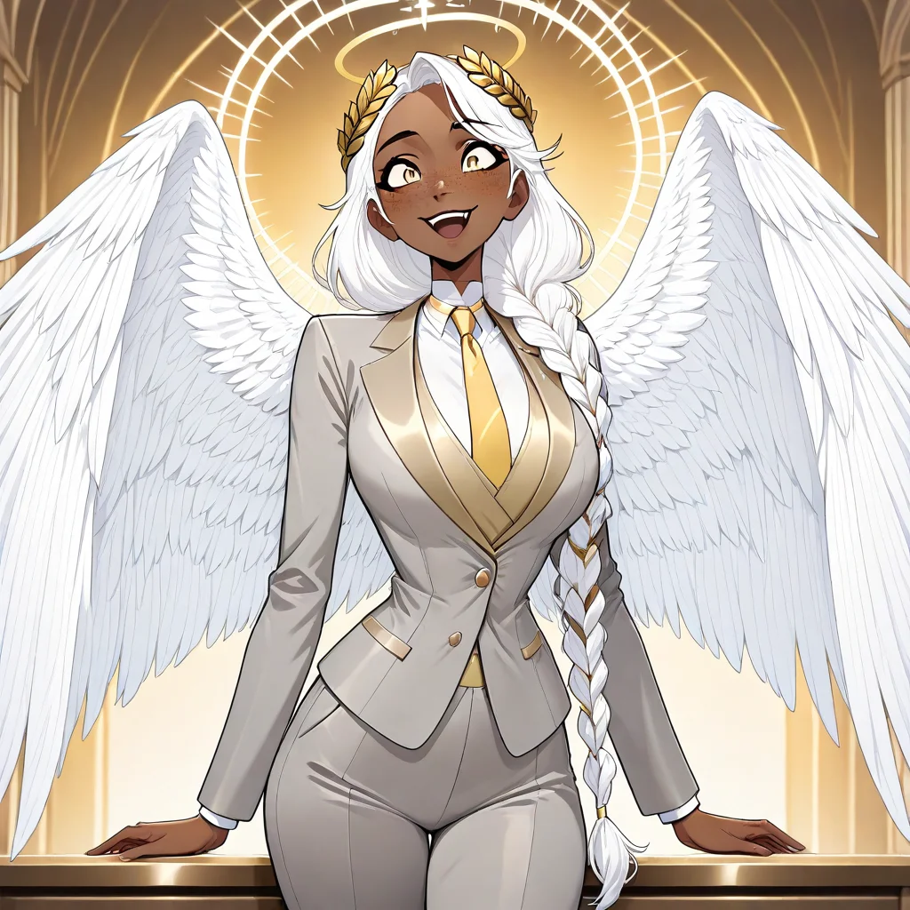 masterpiece, best quality, newest, absurdres, highres, GABV2.0, 1girl, dark skin, dark-skinned female, grey suit, official attire, official clothes, nectie, yellow necktie, white hair, long hair, braid, single braid, angel, angel girl, halo, wings, angel wings, golden eyes, laurel crown, freckles,