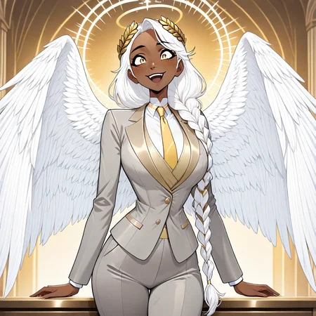 masterpiece, best quality, newest, absurdres, highres, GABV2.0, 1girl, dark skin, dark-skinned female, grey suit, official attire, official clothes, nectie, yellow necktie, white hair, long hair, braid, single braid, angel, angel girl, halo, wings, angel wings, golden eyes, laurel crown, freckles,