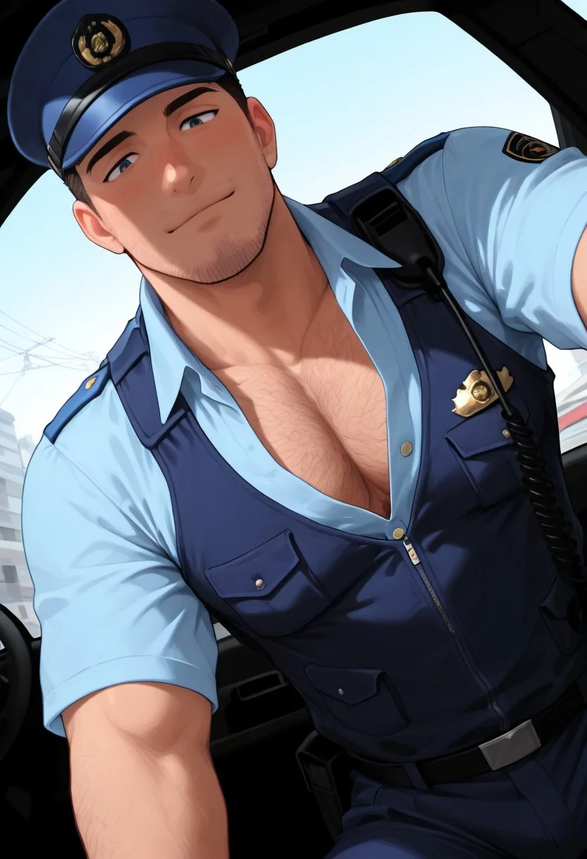 masterpiece, best quality, amazing quality, very aesthetic, absurdres, newest, detailed background, blue light, lively and bustling atmosphere, background details visible, cinematic shot, shiny skin, shadow, aesthetic, male focus, solo, male, policeman, stubble, HannekenJpPcSm, top button undone, chest hair poking out, leaning into car window, viewer in car, looking down onto viewer, light smile, perked up, dutch angle, w0lfc0nf, ng_deepnegative_v1_75t, fcNeg, retro style