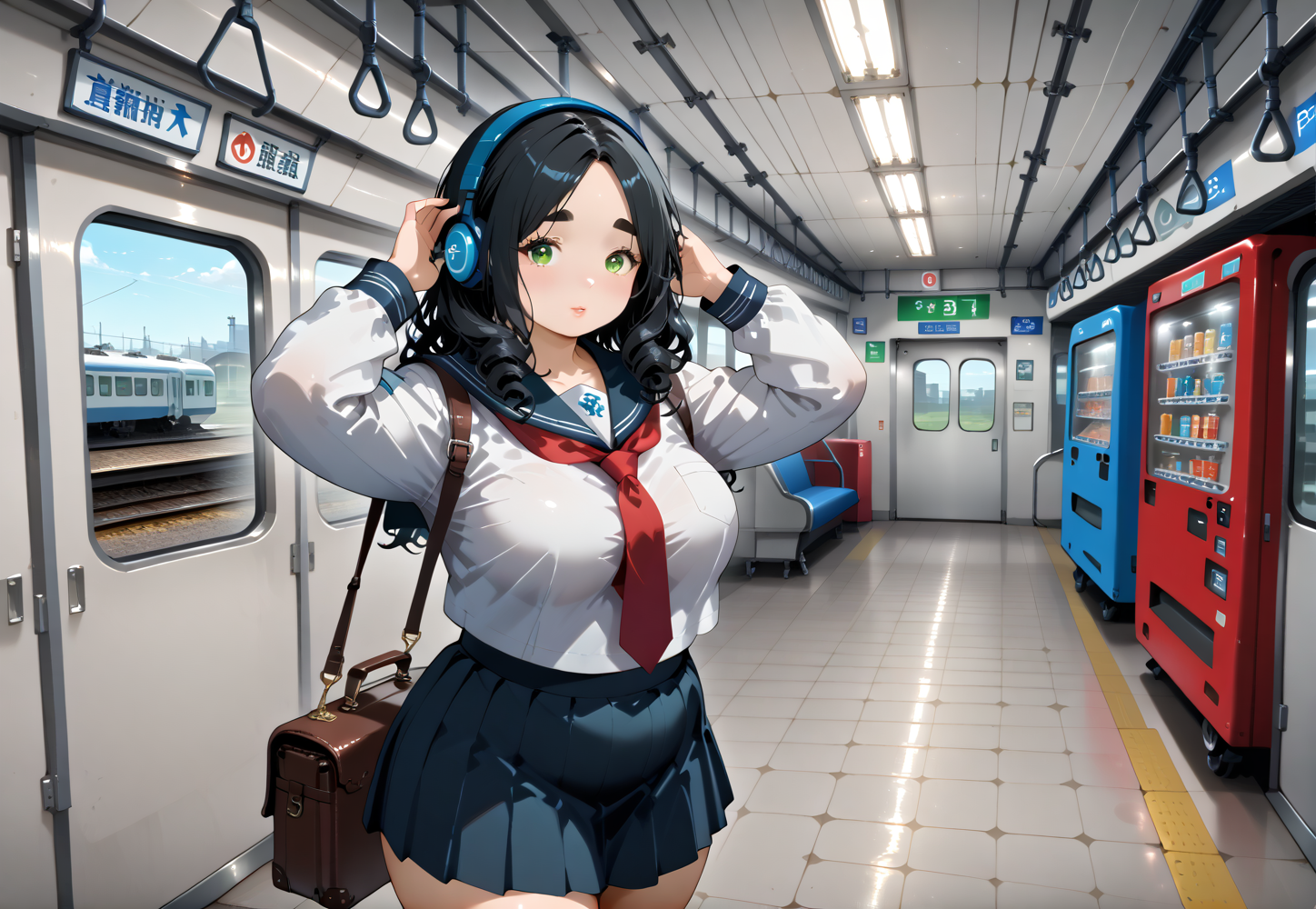 IllusP0s, PonyScores7, source_anime, ah1, IllustriousQual, interesting, exciting, spectacular, wonderful,
BREAK <lora:xl_more_art-full_v1:0.2>, <lora:aesthetic_anime_v1s:0.2>, <lora:EpicF4nta5yXL:0.2>, <lora:detailxl:0.2>, detailxl, <lora:Fant5yP0ny:0.2>, amazing quality, best aesthetic, absurdres, illustration, Volumetric_Lighting, ultra-detailed, very aesthetic, intricate details, best_quality
BREAK ((Thighs parted arms raised)),
BREAK Stable_Yogis_PDXL_Positives, AS-Adult, <lora:Complicated fantasy portrait - XL Pony V2.0:0.2>, bad-hands-5, <lora:HDA_Detailer:0.3>, <lora:natsumi_style:0.5>, <lora:by_usakun-pony:0.4>, by usakun, <lora:Akina_Bbw_Style_-_PonyXL:0.2>, AkinBw, ((sporty-Elegant fashion style, blending comfort with chic elements, features athletic wear paired with stylish accessories, reflecting an active and fashionable lifestyle)),
BREAK 1girl, mature female, (curvy), round-chin, caucasian, <lora:ETO_OC_Illustrius:0.5>, eto_oc, skindentation, (plump), thick thighs, wide hips, busty, voluptuous, <lora:venus body PonyXL:0.3>, <lora:shinyskin2:0.2>, glistening skin, HDA_FatGirlXL,  big breasts, large breasts,
BREAK ((<lora:miku_cosplay_schoolUniform_v1:0.8>, hatsune miku cosplay, hair ornament, headphones, alternate costume, school uniform, sailor collar, serafuku, shirt, long sleeves, necktie, skirt, pleated skirt)),
BREAK (curly hair), long hair, (black hair:1.4), (parted hair:1.7), messy hair, kinky curls, <lora:hairdetailpxl:0.2>, hairdetailpxl,
BREAK (half green and brown eyes), (colorful eyes), (multicolored eyes), (downturned eyes:1.4), <lora:expressive eyes:0.2>, expressive eyes, <lora:eyedetailpxl:0.2>, eyedetailpxl, <lora:Eyes_High_Definition:0.2>, EyesHD, (round face:1.2), (thick eyebrows:1.3), (plump face), <lora:Round_face:0.2>, lips, 
BREAK ((ecstasy expression)), <lora:Expressive_H:0.2>, Expressiveh, <lora:Emotional_Anime_Expressions_PonyXL_Concept:0.2>, emotional, <lora:Best_Facial_Expression_LoRA_PONY:0.2>, looking at viewer, <lora:Detailed expressive EXEV style -XL Pony V1.0:0.2>, FaceDetail,
BREAK (((Subway, Metro, window, subway interior, carriage, Subway station corridor, jpsta, train_station, on stairs, interior, indoors,UGPW, luggage, briefcase, subway station design, clean_passage, tiled_walls, tiled_floor, ceiling, public_telephone, exits signs, Vending-Machines, Subway_Corridor, underground shopping areas, Japan, stairwell))), <lora:Background Detailer - SDXL:0.8>, 4k, 8k, Ultra HD, Masterpiece, Best quality, Detailed background, <lora:Add_more_details_V2_XLpony:0.4> full_details,