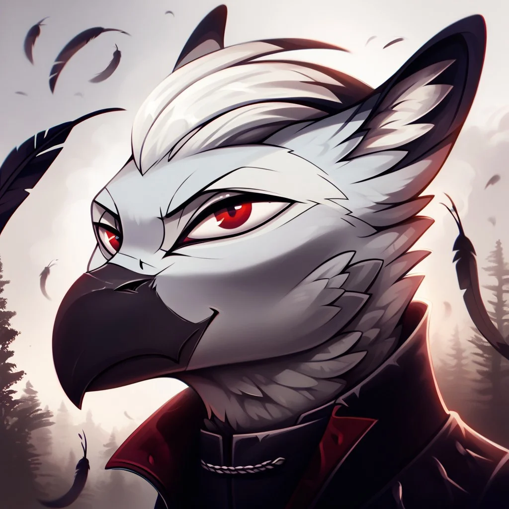 masterpiece, score_9_up, score_8_up, score_7_up, score_6_up, (best quality:1.1), ultra-detailed, high resolution, solo, Ferdinand Dawnclaw, griffon, albino, avian, male, (beautiful detailed red eyes), Evil eyes, white hair, feathers, feathery ears, black beak, evil facial expression, black uniform, outside, dark forest, moonlight filtering through trees, misty atmosphere, sharp focus, mysterious, reflective mood, detailed environment, detailed facial features, expressiveh, highly visible, sharp focus, anatomically correct, detailed background