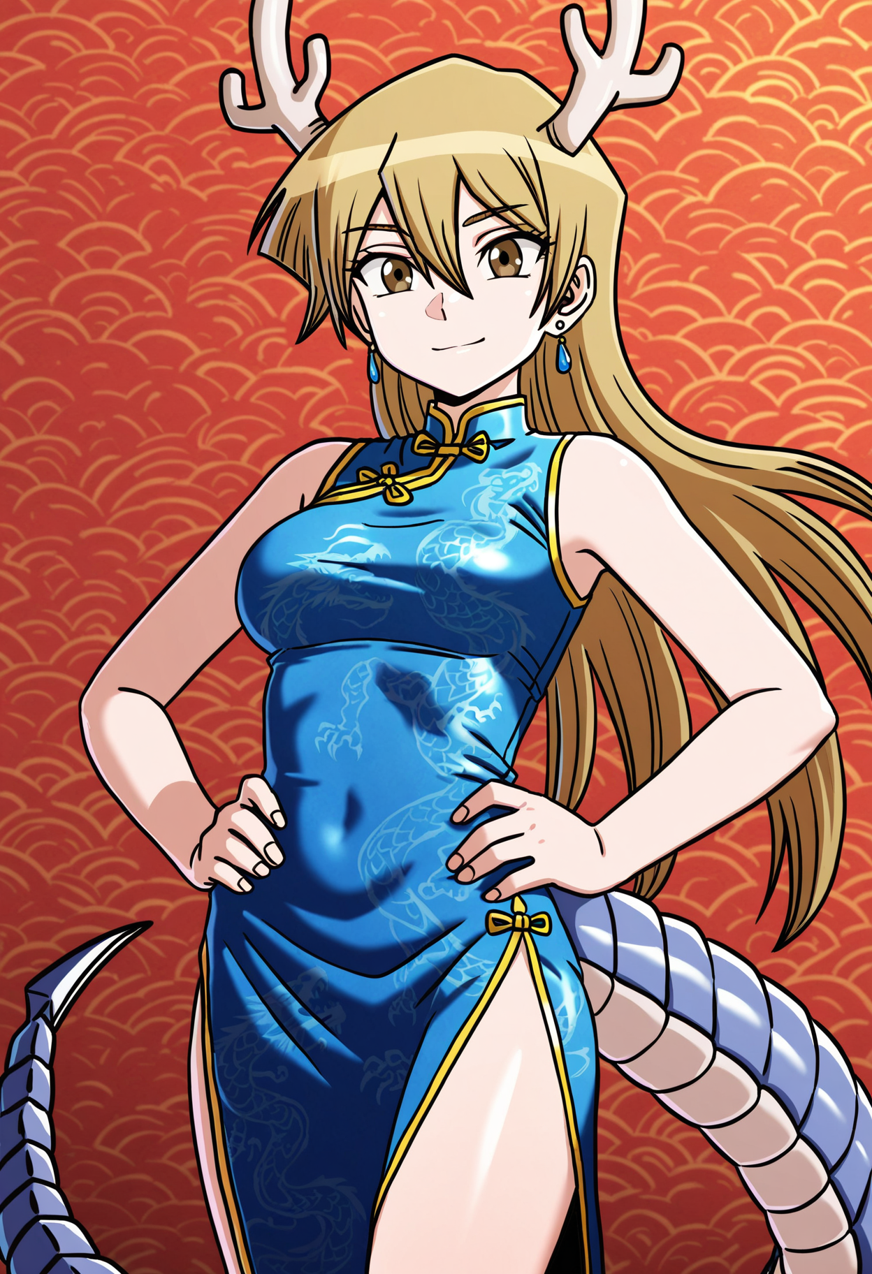masterpiece,best quality,amazing quality,
1girl, tenjouin asuka, solo, dress, long hair, china dress, chinese clothes, tail, horns, blue dress, earrings, dragon tail, shiny, hands on hips, smile, sleeveless dress, sleeveless, jewelry, blonde hair, hair between eyes, closed mouth, bangs, shiny hair, looking at viewer, brown eyes, breasts, standing, dragon horns, side slit, very long hair, floating hair, medium breasts, alternate costume, antlers,
<lora:Drifter:1>