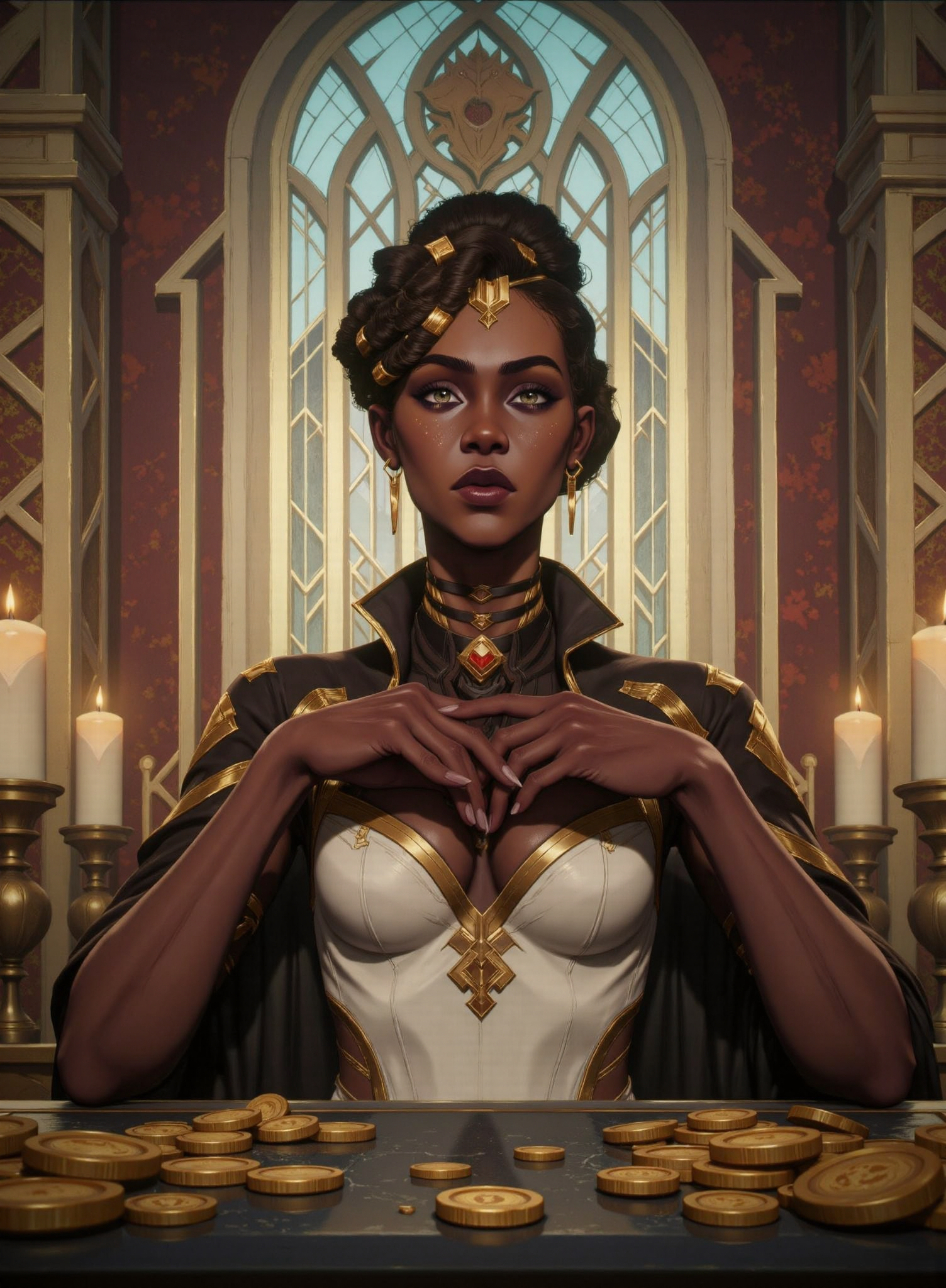 The magnificent woman Mel, dramatic expression, intense emotions, dynamic pose, vibrant colors, intricate details, cinematic composition, epic atmosphere, intense shadows, realistic anatomy, perfect hands, detailed face, dramatic perspective. A lot of Candles around her. Lots of gold coins with her face on it falls around her. This realistic digital painting captures every crease heavily shadowed to add a mysterious depth to her expression. Inside a grand Piltover mansion, Art Deco meets Hextech elegance. Gilded columns, intricate stained-glass windows, and crystal chandeliers glow with blue Hextech energy. Velvet drapes, polished marble floors, and ornate brass details exude opulence. She has a mischievous look in her eyes. The air hums with quiet sophistication and innovation. Overall, this impeccably detailed image evokes a sense of captivating contradiction and intrigue. masterpiece, best quality, highly detailed, intricate details, vibrant colors, cinematic lighting, 8k, ultra-realistic <lora:FluxMythG0thicL1nes:0.4> <lora:FluxMythR3alisticF:0.3> <lora:lora:0.3> <lora:add_detail:0.5>  <lora:mel-medarda:0.8>